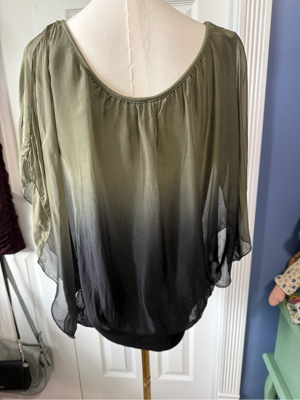 Giusy Made in Italy Silk Olive to Black Ombre Blouse Sheer Overlay Jersey Lined - Picture 3 of 13
